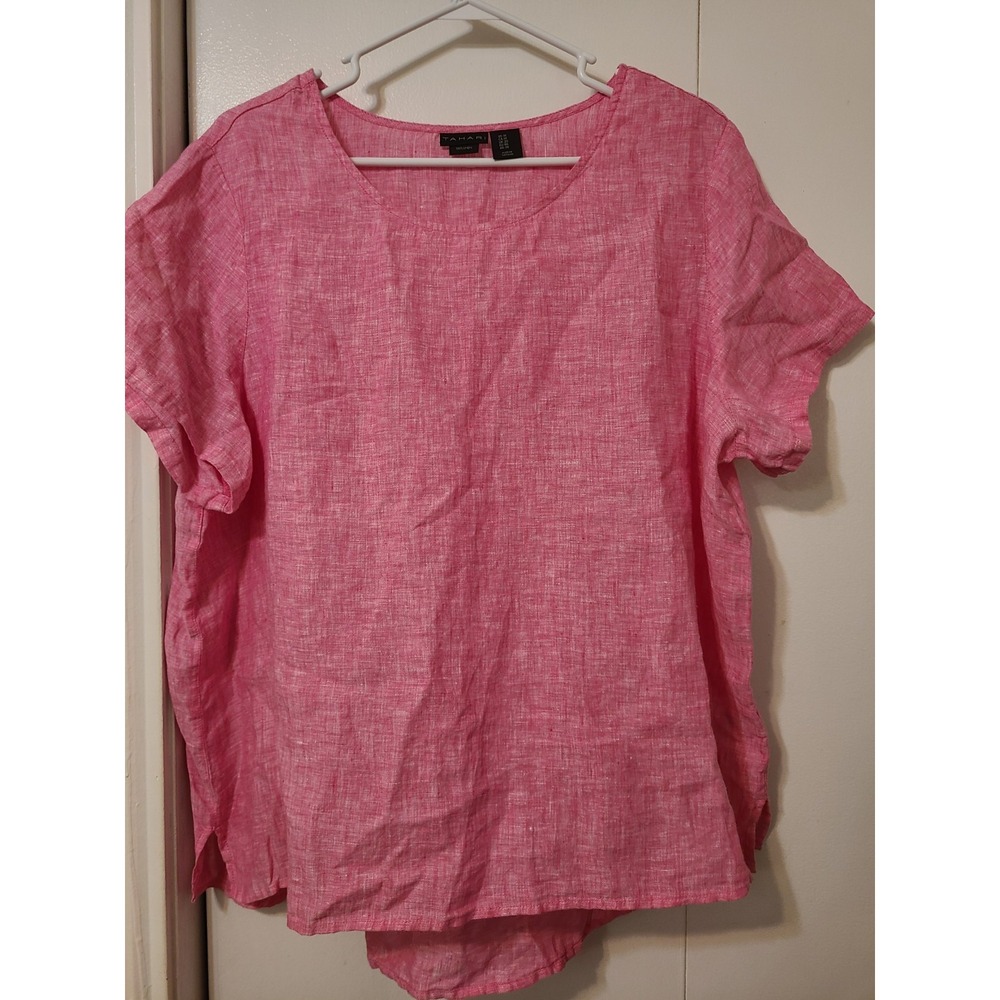 Tahari 100% Linen Pink Round Neck Boxy Lagenlook Short Sleeve Beachy Top Size 1X
